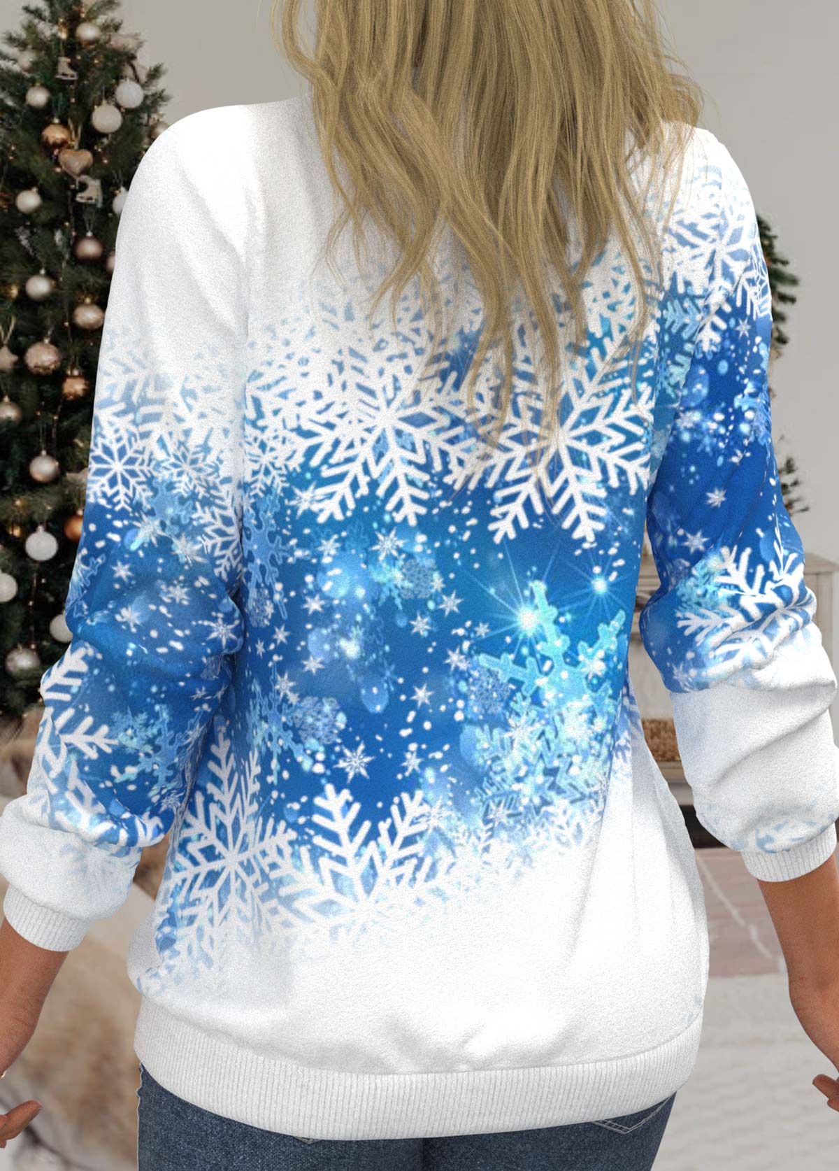 White tops,Christmas tops,ROTITA Snowflake Print White Round Neck Long Sleeve Sweatshirt