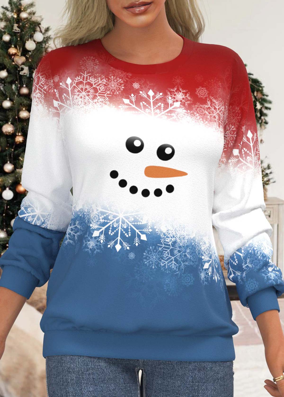 ROTITA Snowman Print Red Round Neck Christmas Sweatshirt