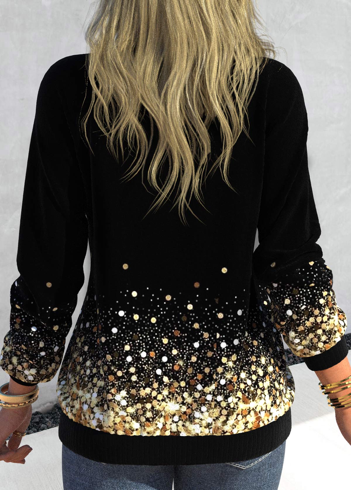 Black tops,Christmas tops,ROTITA Snowflake Print V Neck Black Long Sleeve Sweatshirt
