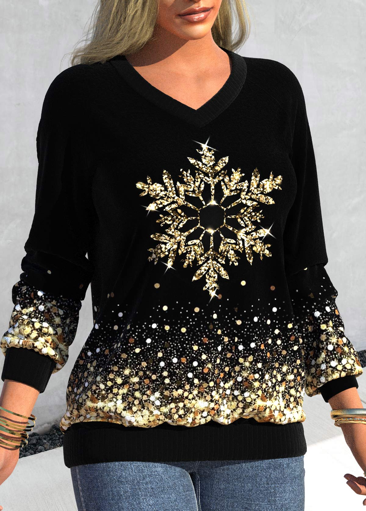 Black tops,Christmas tops,ROTITA Snowflake Print V Neck Black Long Sleeve Sweatshirt