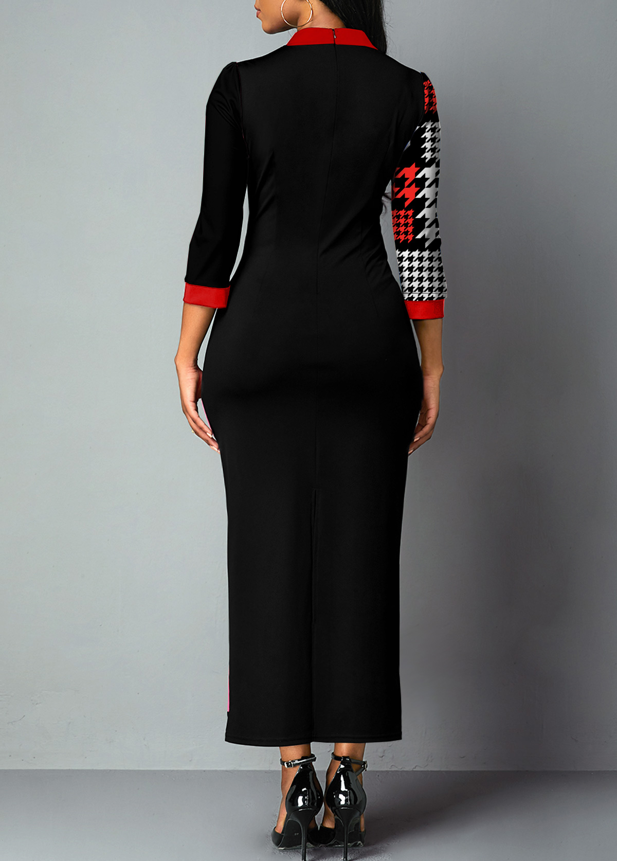 Black dresses,Houndstooth dresses,ROTITA Split Neck Black Bodycon Houndstooth Print Dress