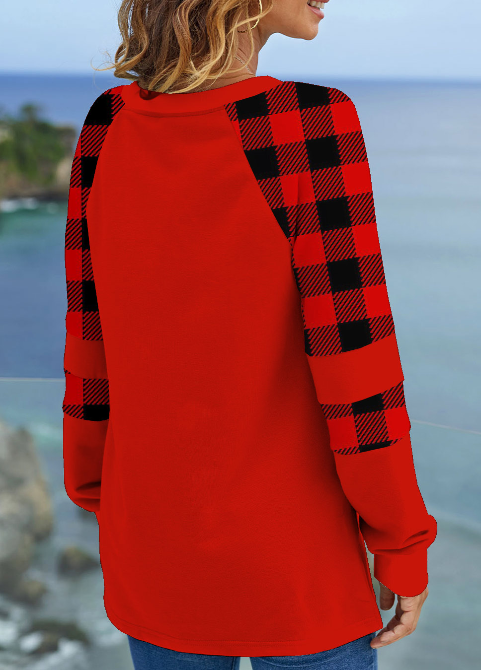 Red tops,Christmas tops,ROTITA Christmas Tree Print V Neck Red Sweatshirt