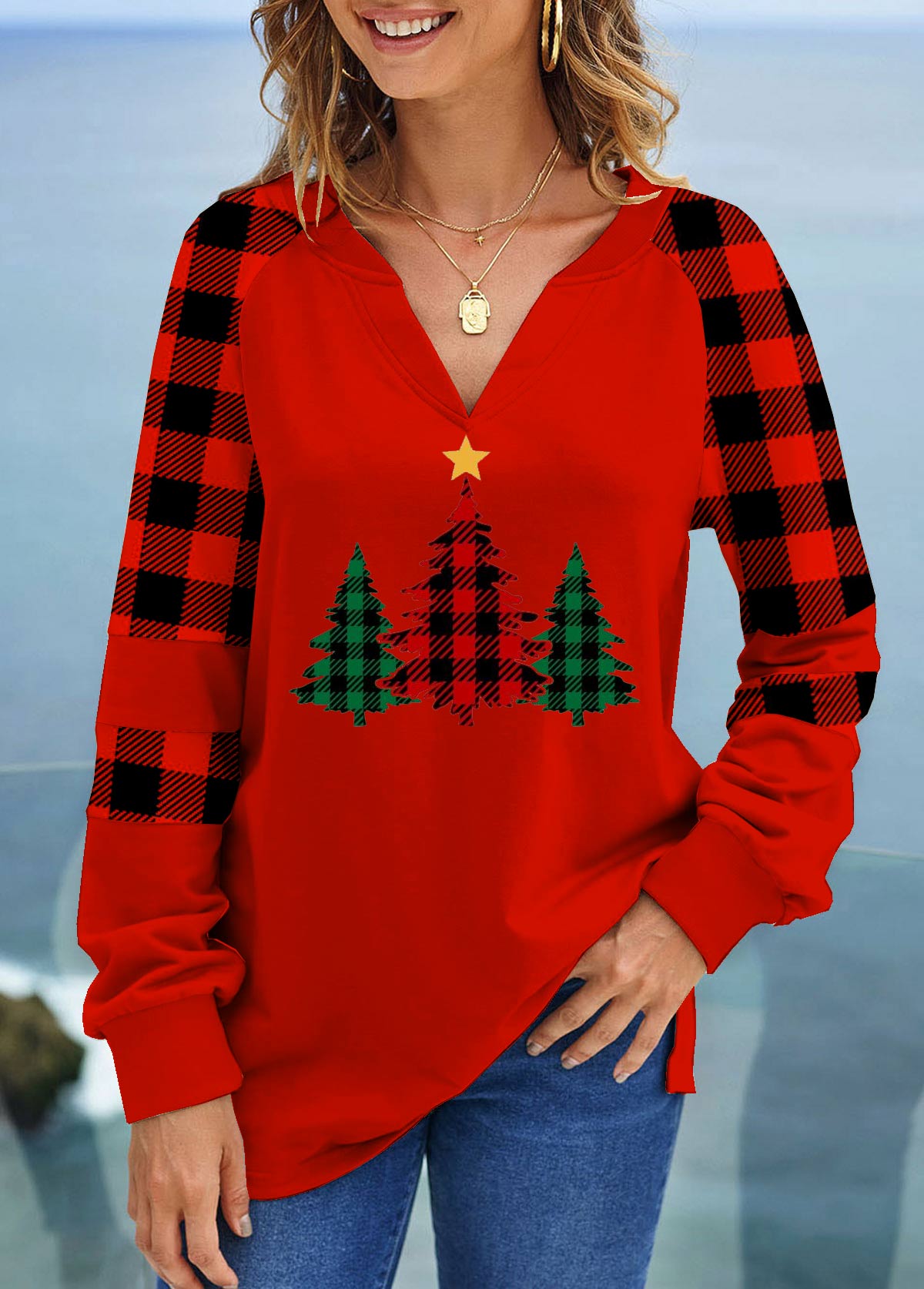 Red tops,Christmas tops,ROTITA Christmas Tree Print V Neck Red Sweatshirt
