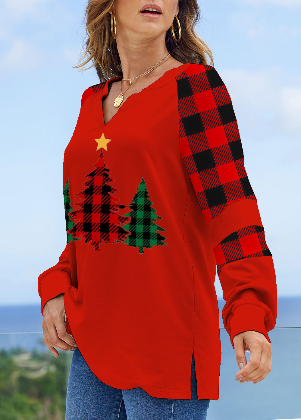 Red tops,Christmas tops,ROTITA Christmas Tree Print V Neck Red Sweatshirt