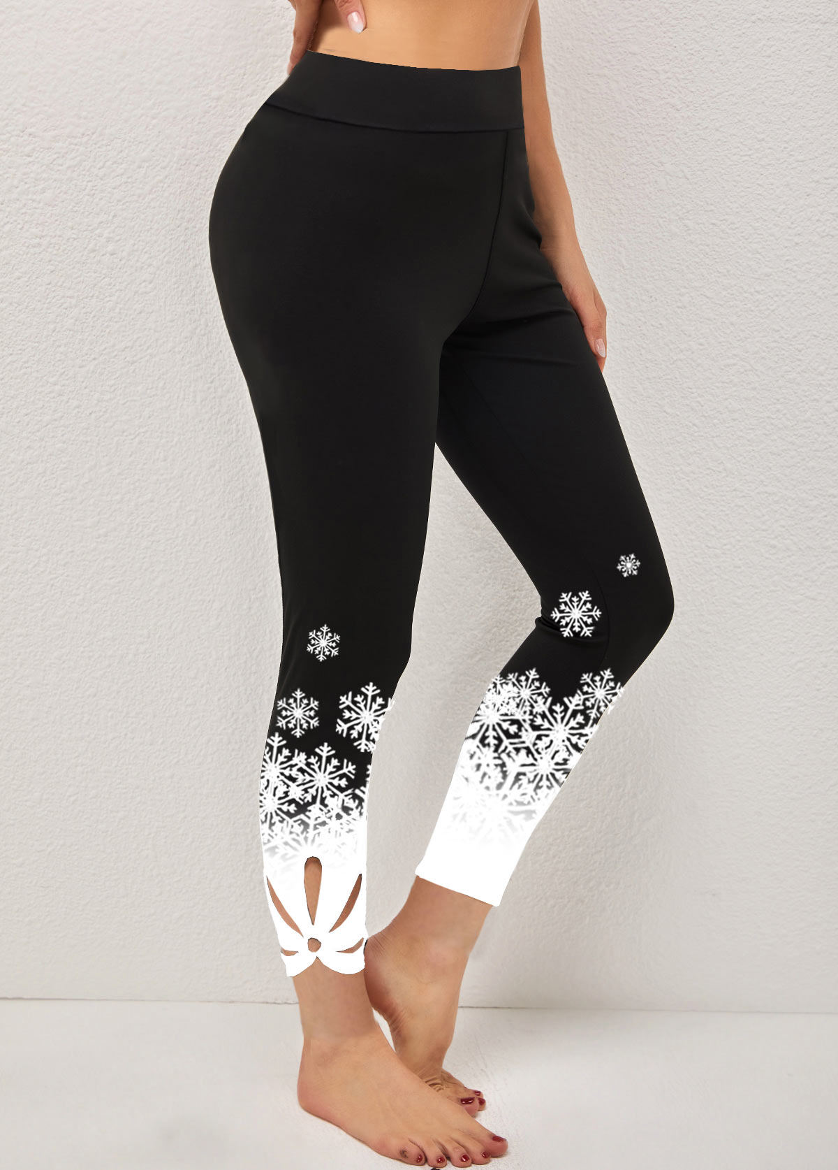 Black bottoms,Christmas bottoms,ROTITA High Waisted Black Snowflake Print Leggings