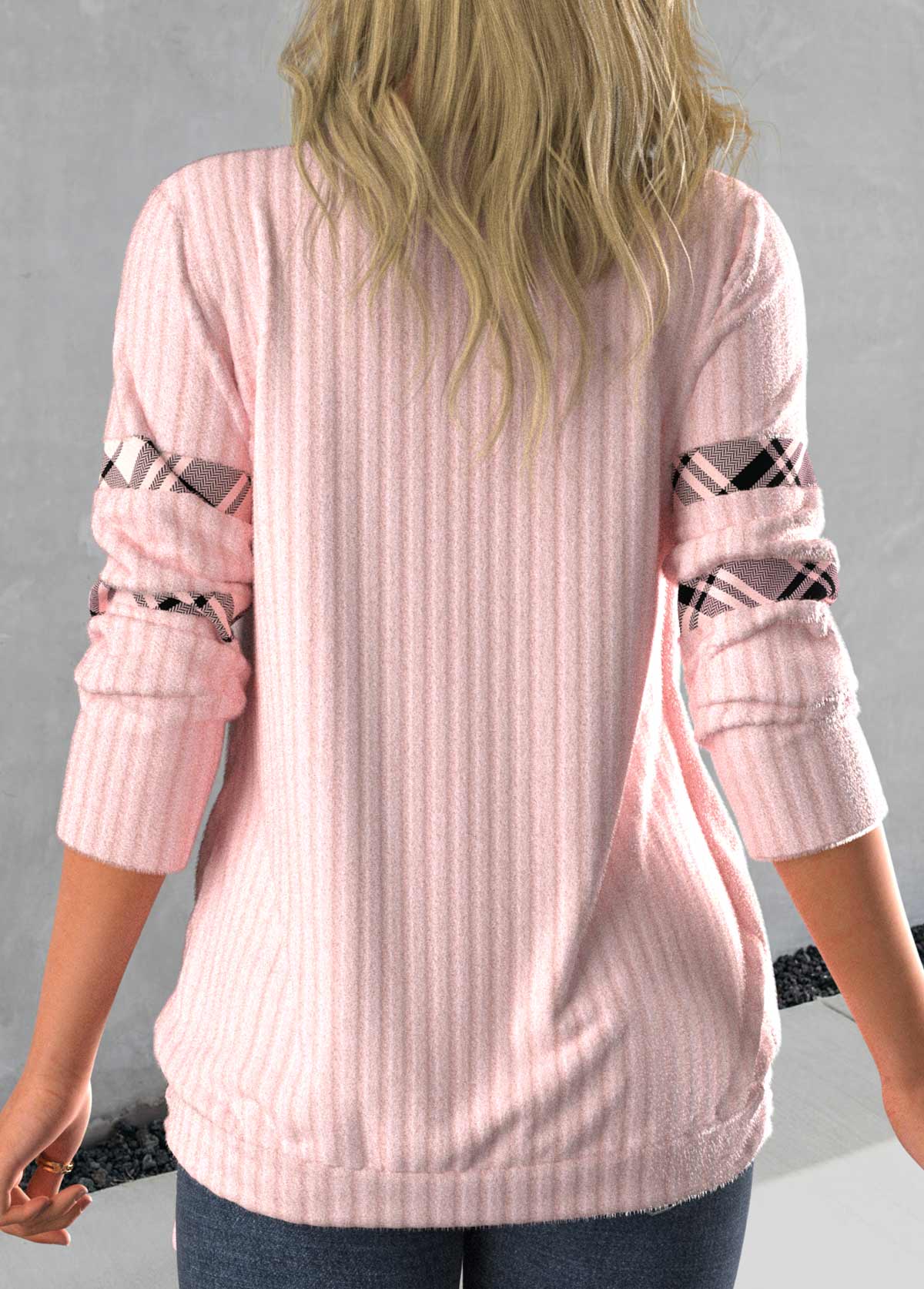 Light Pink plus size,Plaid plus size,ROTITA Plus Size Tie Side Light Pink Faux Two Piece Sweatshirt