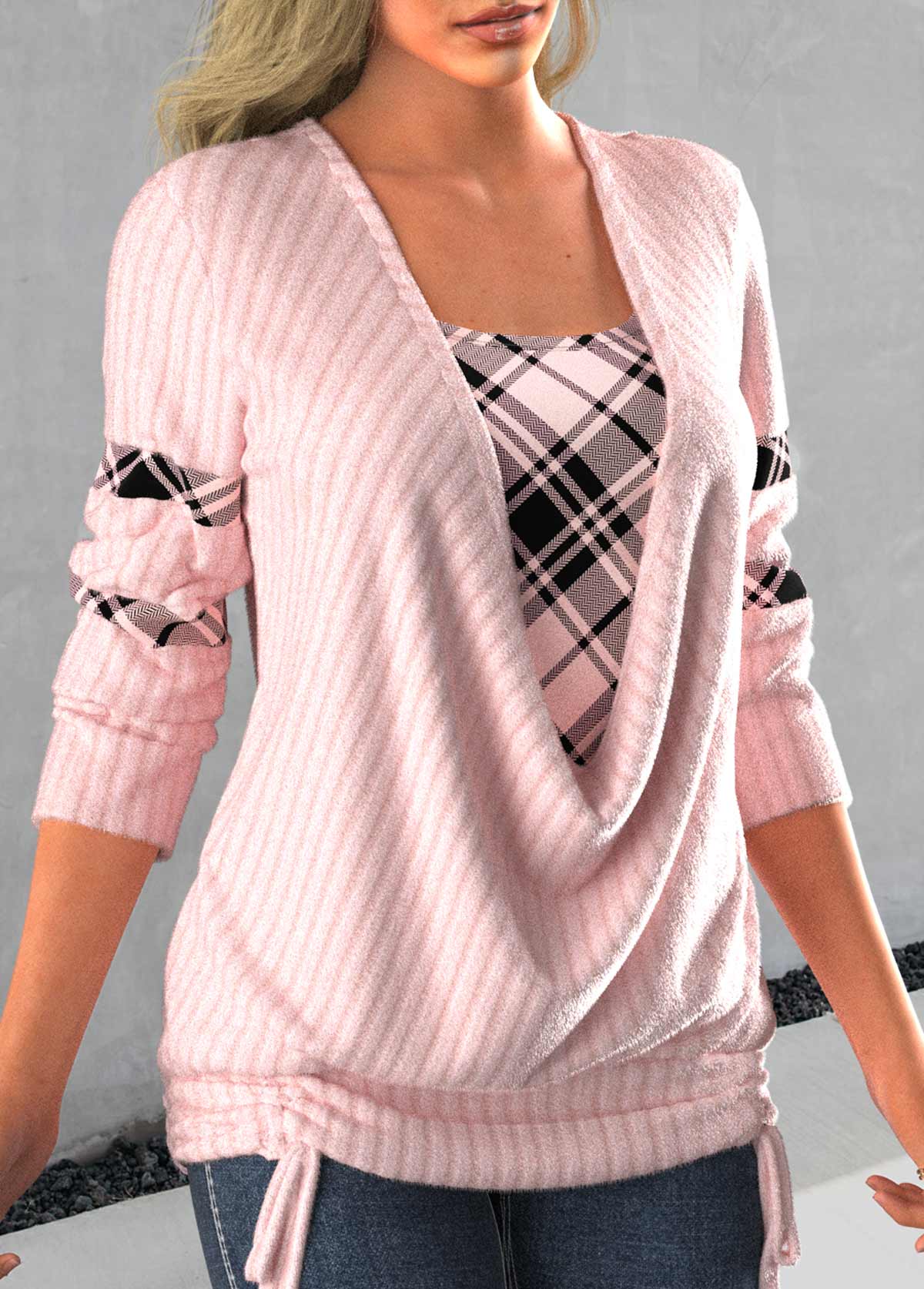 Light Pink plus size,Plaid plus size,ROTITA Plus Size Tie Side Light Pink Faux Two Piece Sweatshirt