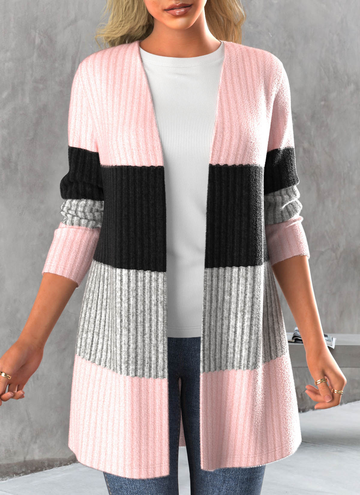 Light Pink tops,Contrast Color tops,ROTITA Long Sleeve Open Front Light Pink Cardigan