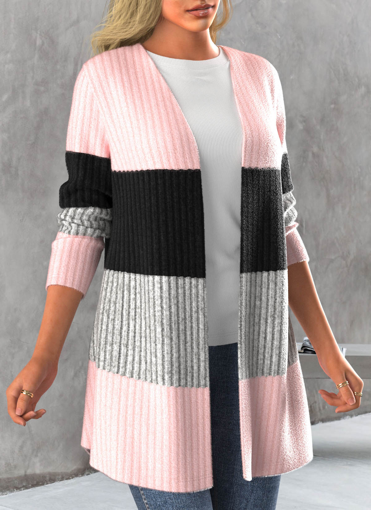 Light Pink tops,Contrast Color tops,ROTITA Long Sleeve Open Front Light Pink Cardigan