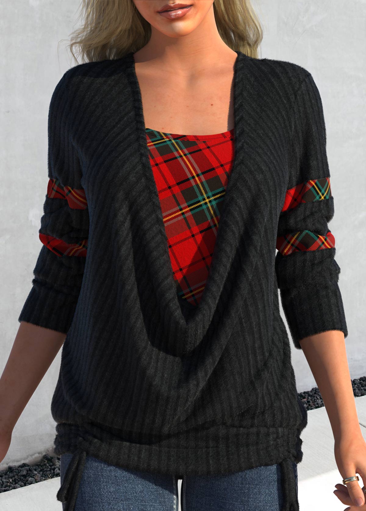 Black tops,Plaid tops,Geometric tops,ROTITA Plaid Black Faux Two Piece Tie Side Sweatshirt