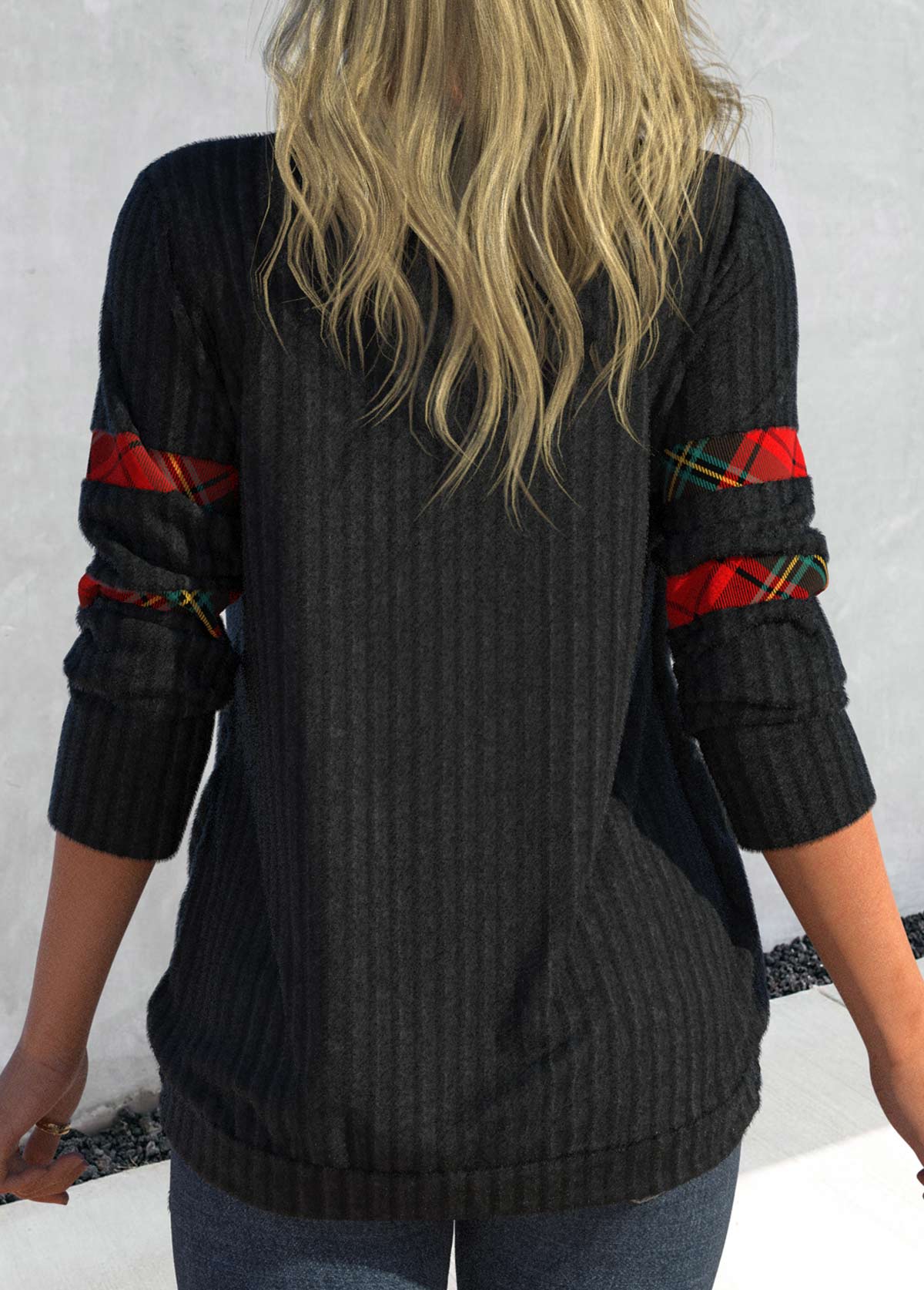 Black tops,Plaid tops,Geometric tops,ROTITA Plaid Black Faux Two Piece Tie Side Sweatshirt