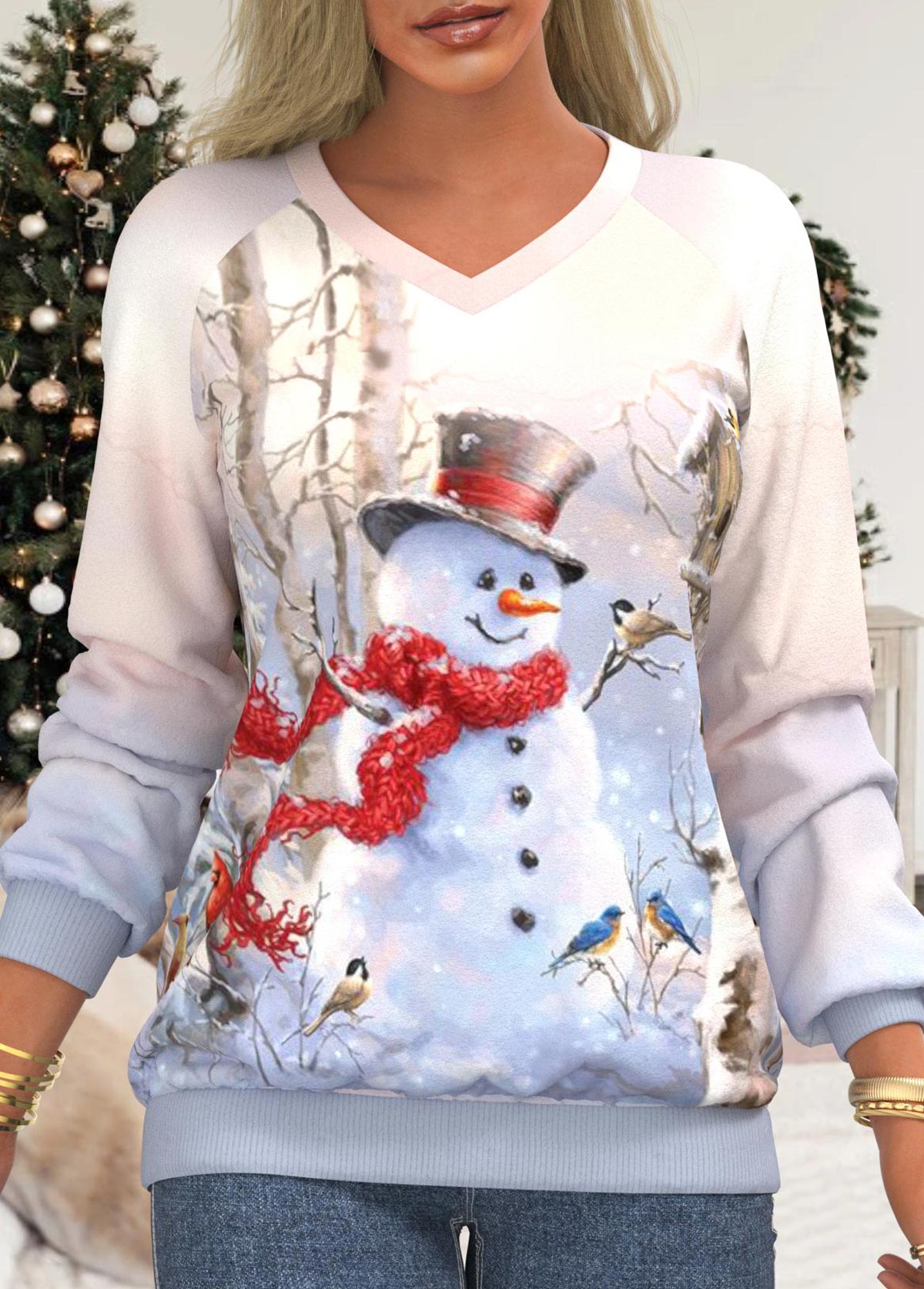 ROTITA Long Sleeve Multi Color Christmas Snowman Print Sweatshirt