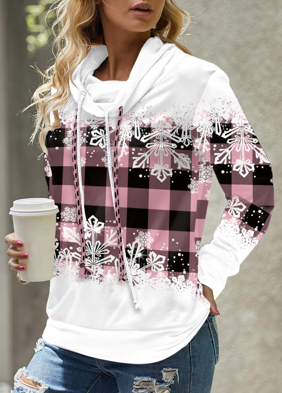 ROTITA Drawstring Snowflake Print Pink Cowl Neck Sweatshirt