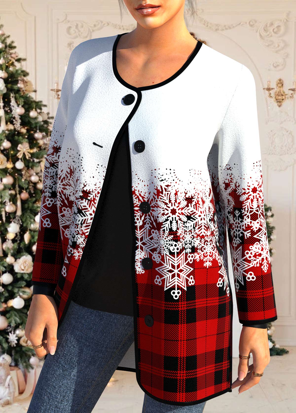 Red outerwear & coats,Christmas outerwear & coats,ROTITA Button Snowflake Print Red Round Neck Coat