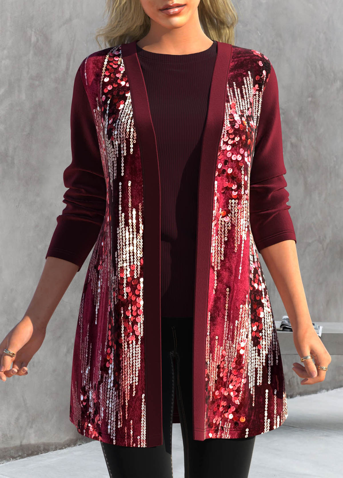 Wine Red plus size,Plain Color plus size,ROTITA Plus Size Sequin Wine Red Long Sleeve Coat