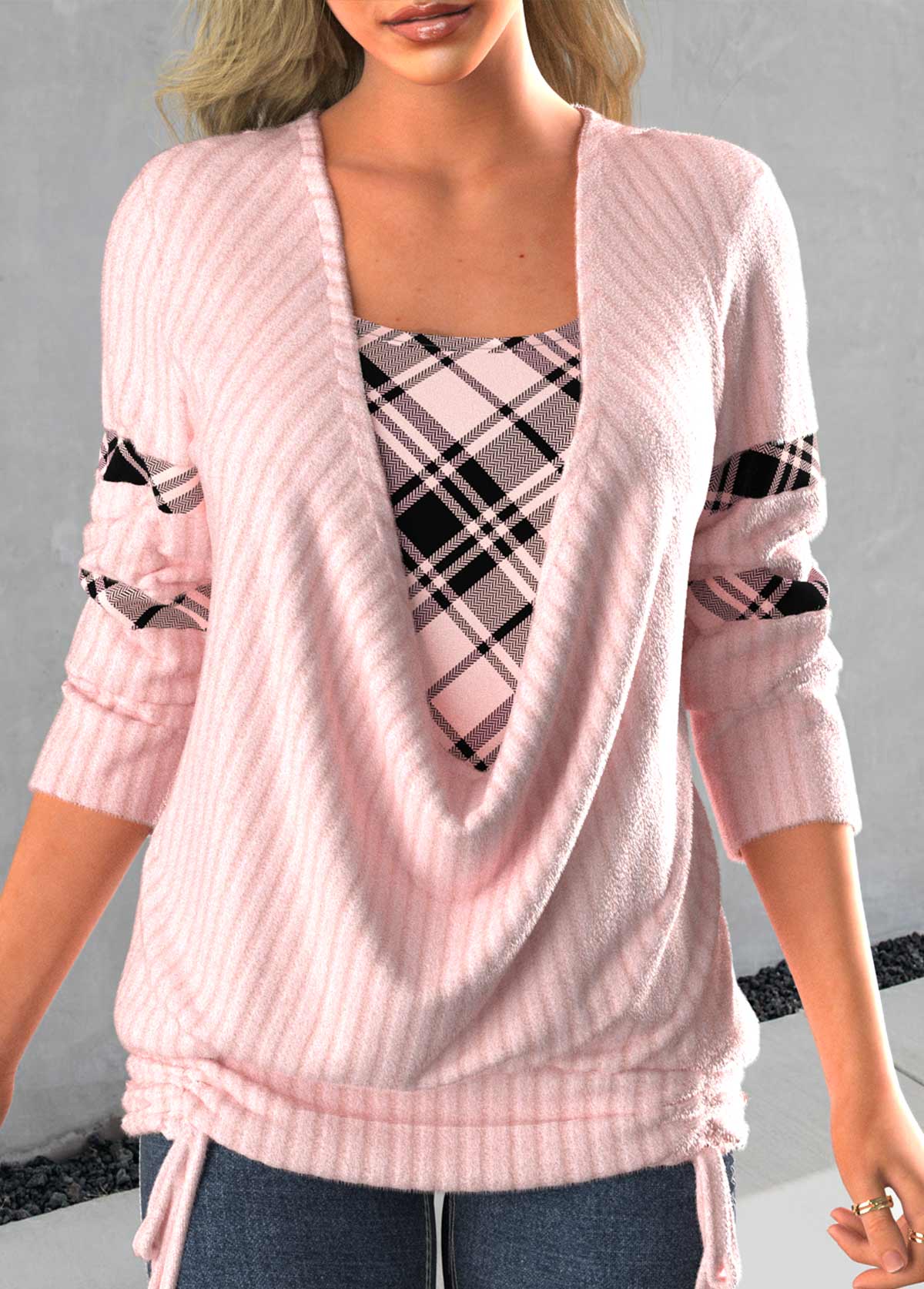 Light Pink plus size,Plaid plus size,ROTITA Plus Size Tie Side Light Pink Faux Two Piece Sweatshirt