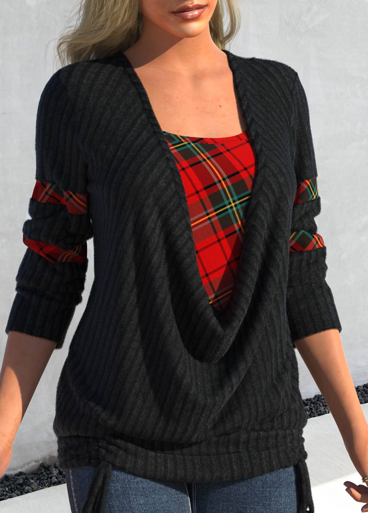 Black tops,Plaid tops,Geometric tops,ROTITA Plaid Black Faux Two Piece Tie Side Sweatshirt