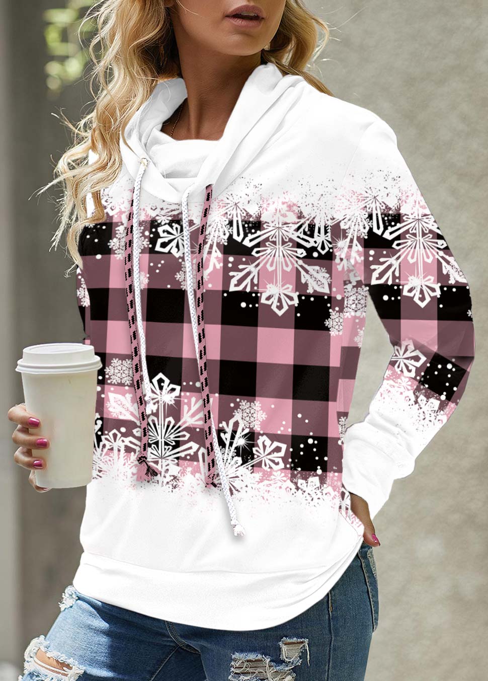 ROTITA Plus Size Drawstring Snowflake Print Pink Cowl Neck Sweatshirt