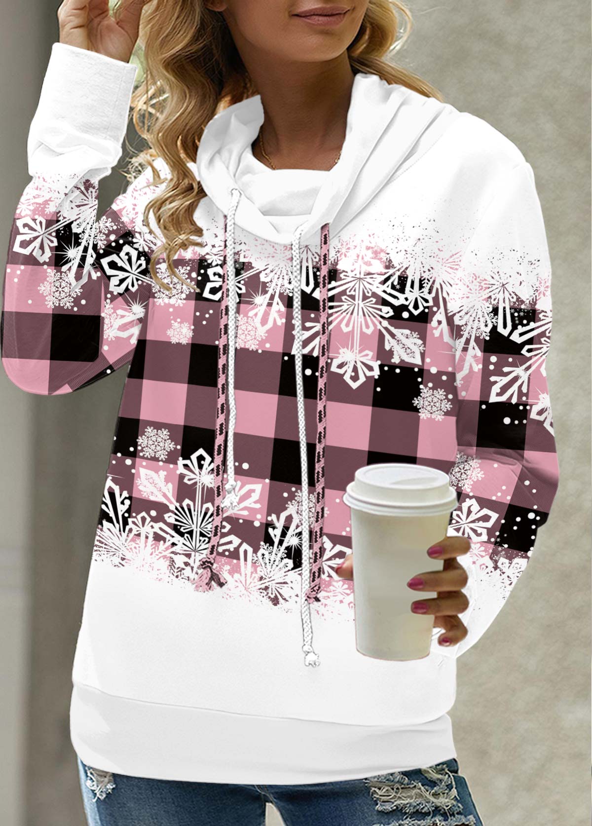 Pink plus size,Christmas plus size,ROTITA Plus Size Drawstring Snowflake Print Pink Cowl Neck Sweatshirt