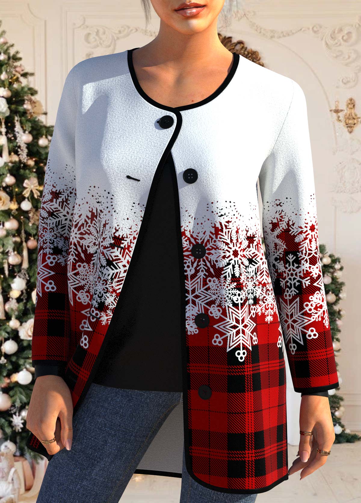 Red outerwear & coats,Christmas outerwear & coats,ROTITA Button Snowflake Print Red Round Neck Coat