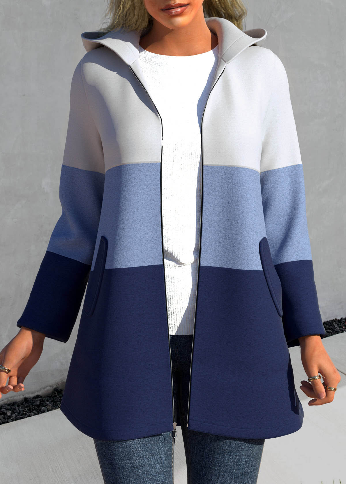 ROTITA Patchwork Blue Hooded Long Sleeve Jacket