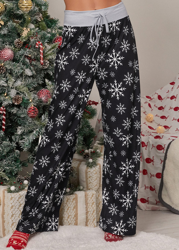Black bottoms,Christmas bottoms,Drawstring Christmas Print Black Drawastring Pants