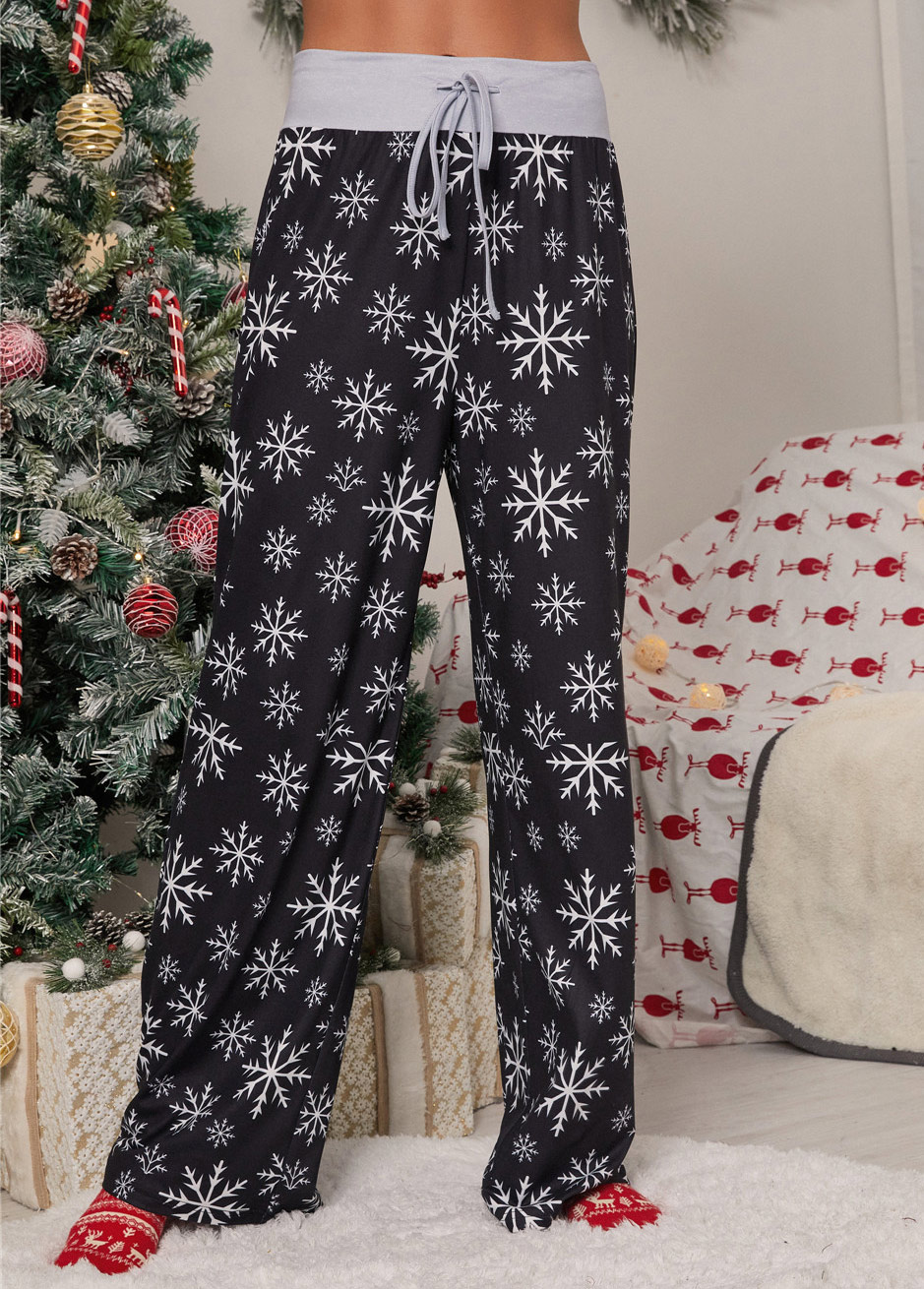 Black bottoms,Christmas bottoms,Drawstring Christmas Print Black Drawastring Pants