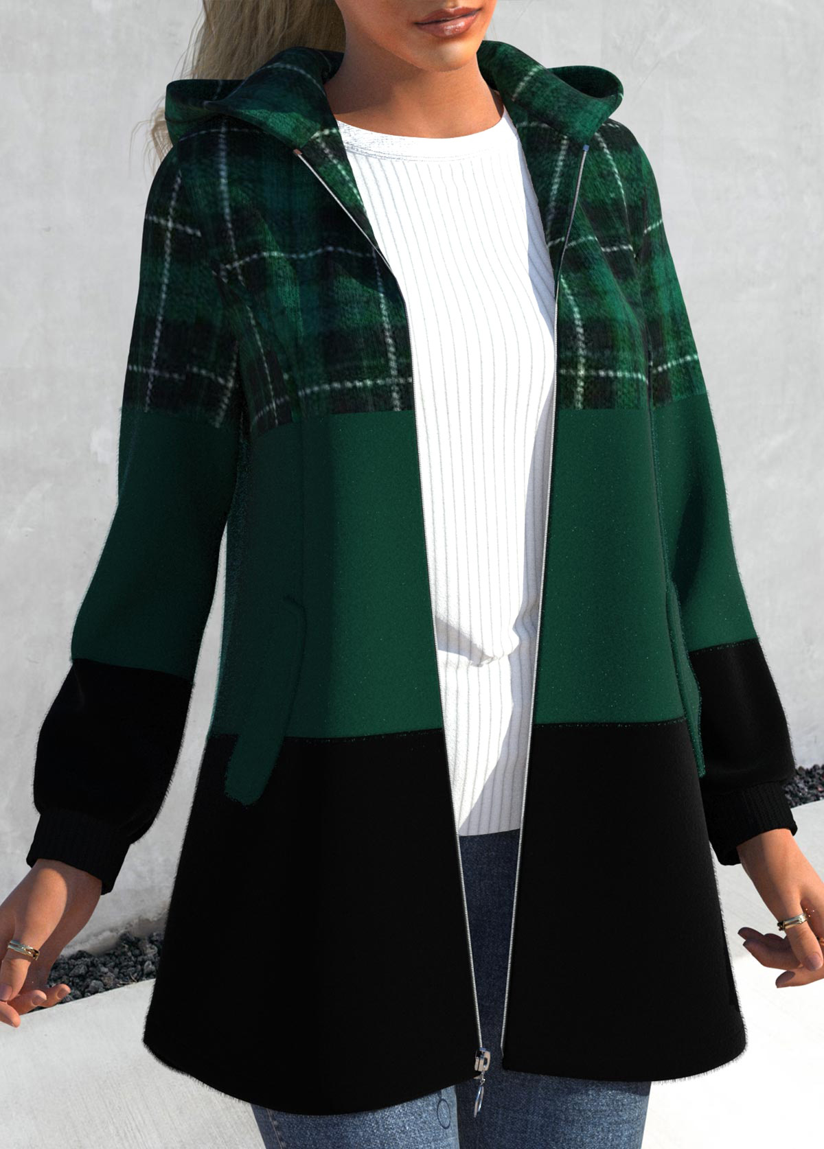 Blackish Green plus size,Plaid plus size,ROTITA Plus Size Patchwork Plaid Blackish Green Hooded Long Sleeve Jacket