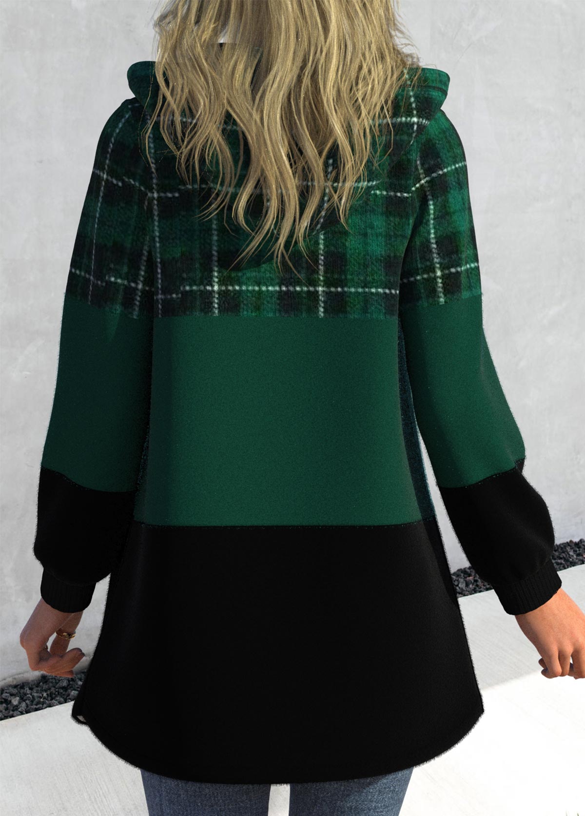 Blackish Green plus size,Plaid plus size,ROTITA Plus Size Patchwork Plaid Blackish Green Hooded Long Sleeve Jacket