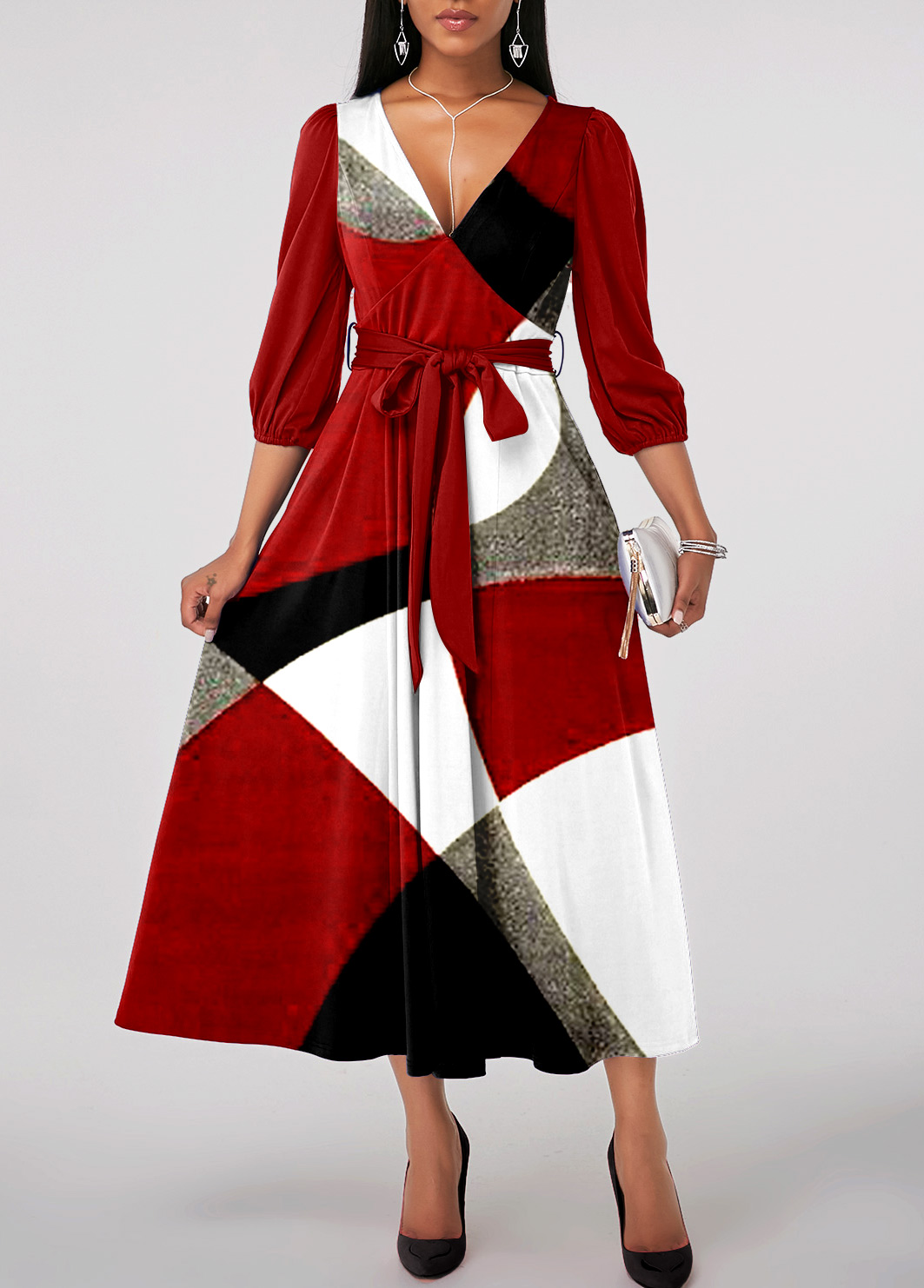 Red dresses,Geometric dresses,ROTITA Patchwork Geometric Print Red Belted V Neck Dress