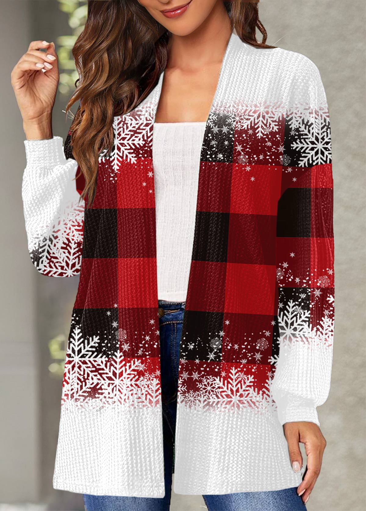 Red outerwear & coats,Plaid outerwear & coats,ROTITA Plaid Red Long Sleeve Christmas Coat