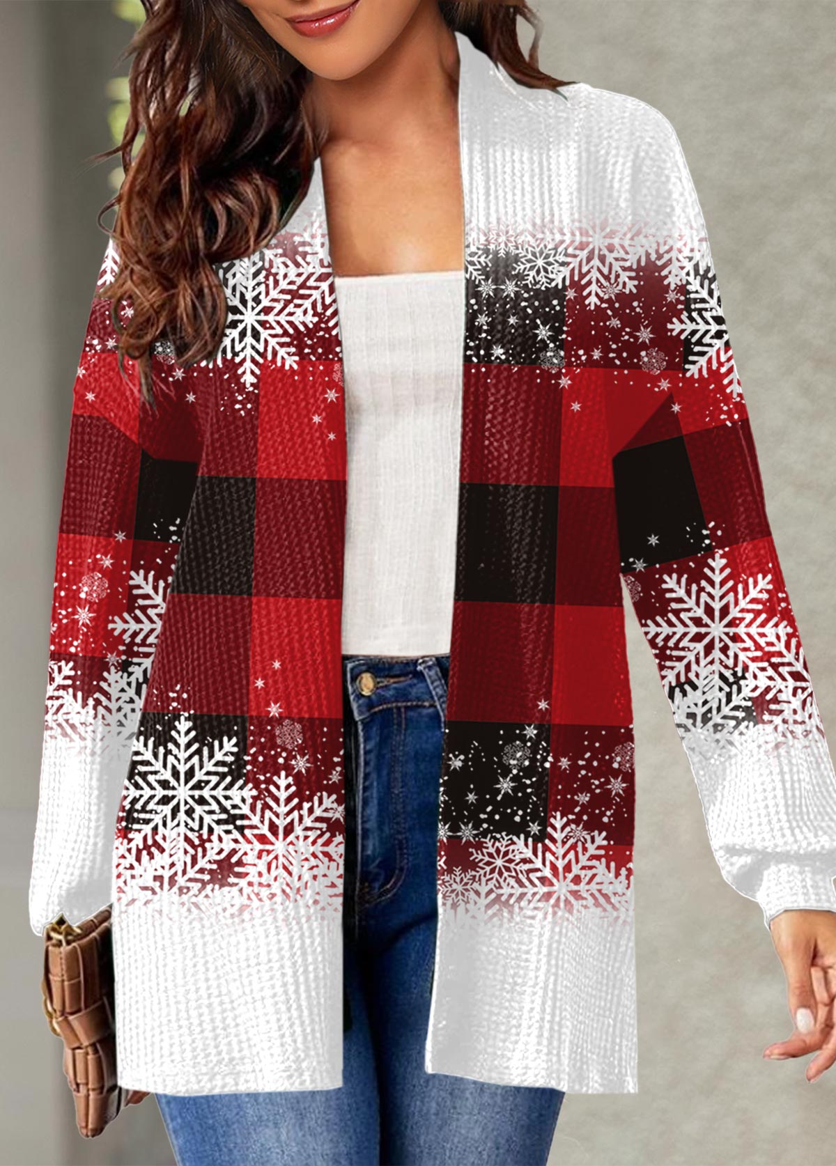 Red outerwear & coats,Plaid outerwear & coats,ROTITA Plaid Red Long Sleeve Christmas Coat