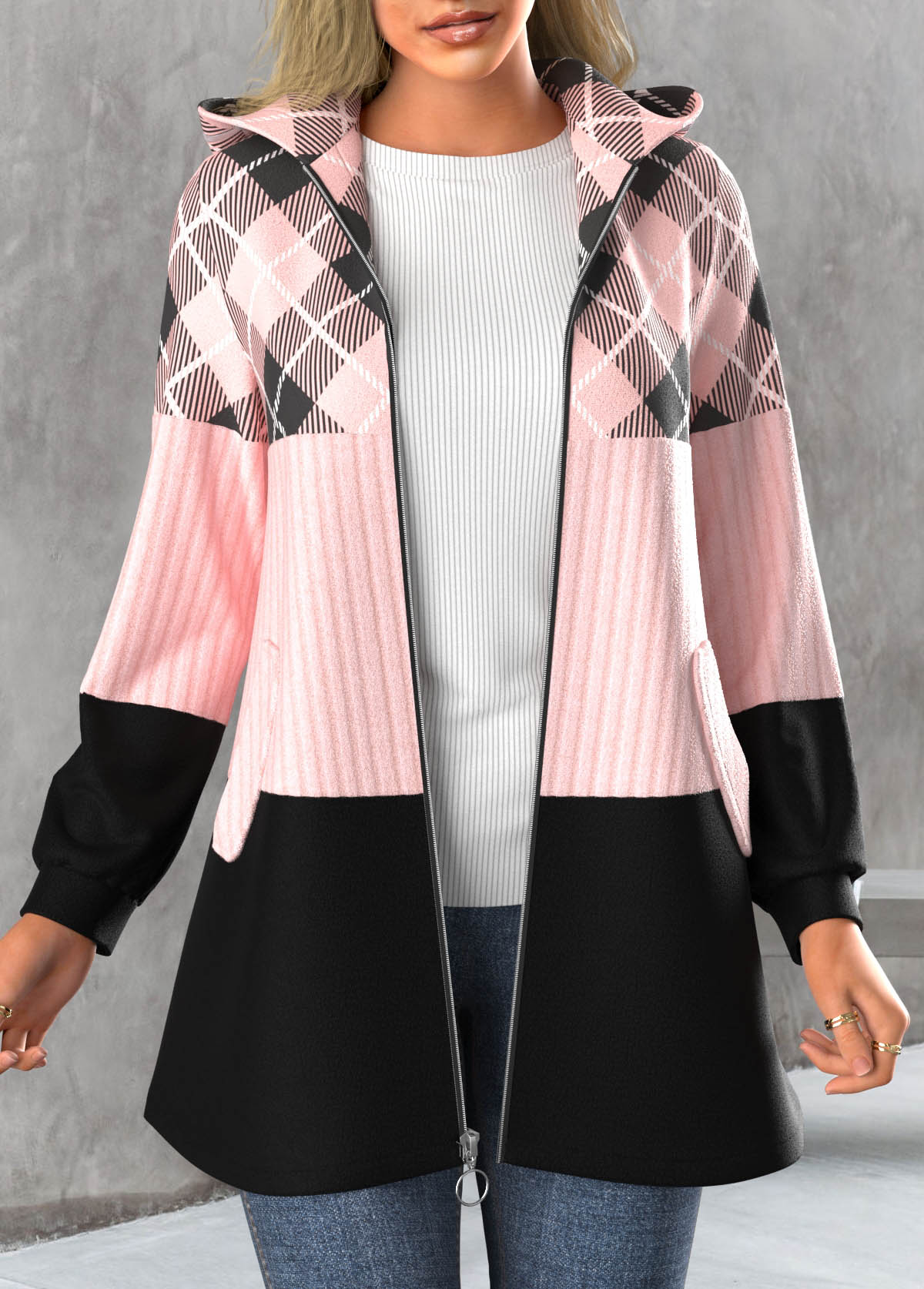Light Pink plus size,Plaid plus size,ROTITA Plus Size Zipper Plaid Light Pink Hooded Long Sleeve Jacket