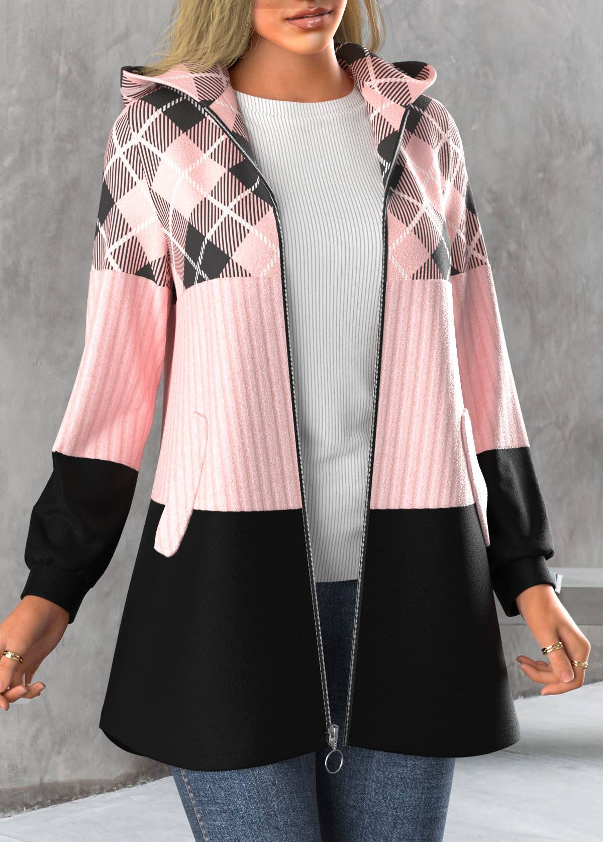Light Pink plus size,Plaid plus size,ROTITA Plus Size Zipper Plaid Light Pink Hooded Long Sleeve Jacket