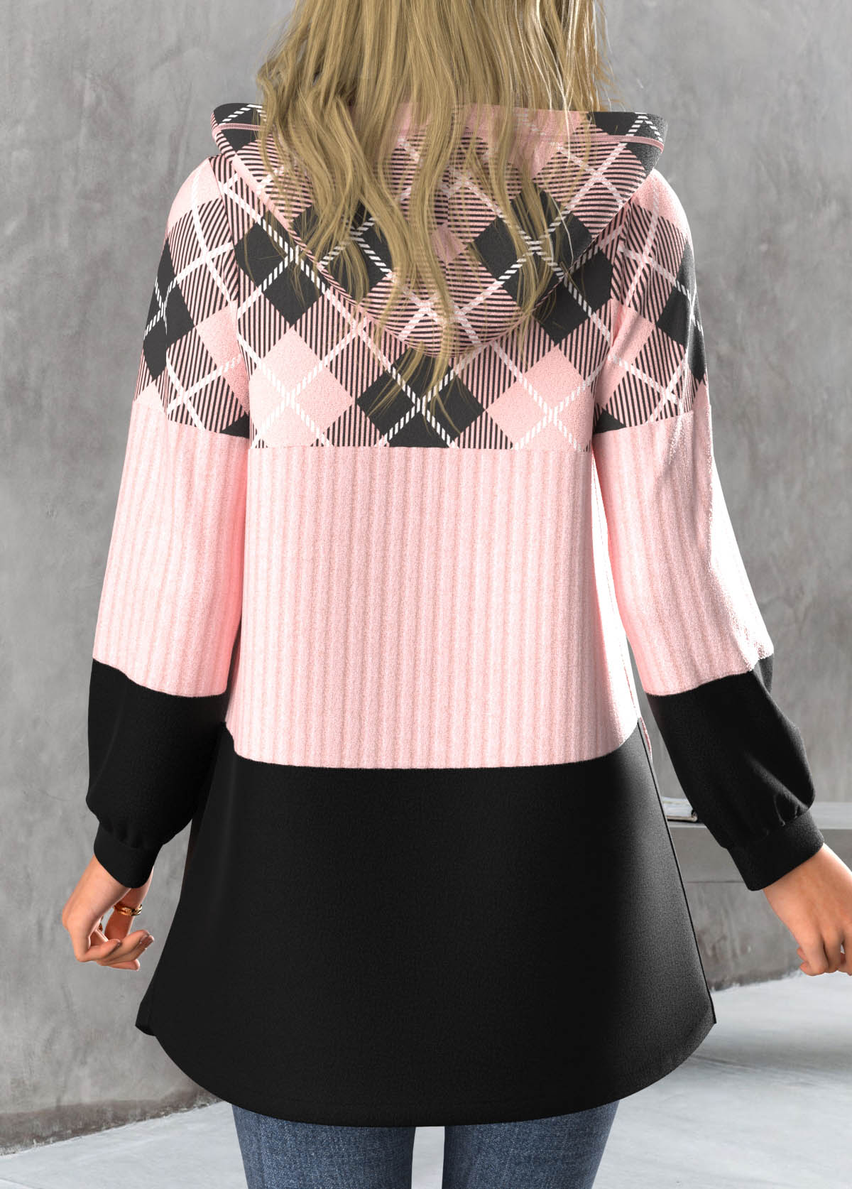 Light Pink plus size,Plaid plus size,ROTITA Plus Size Zipper Plaid Light Pink Hooded Long Sleeve Jacket