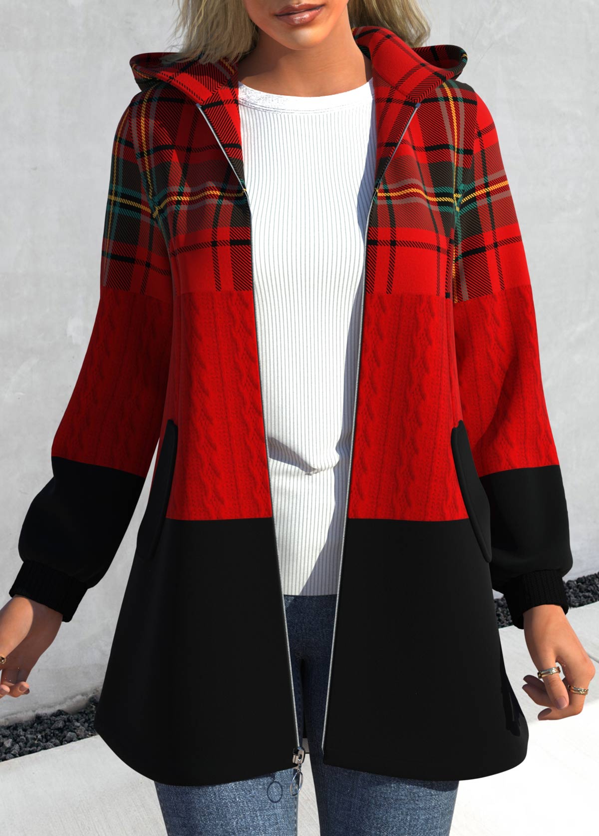 ROTITA Plus Size Zipper Plaid Red Hooded Long Sleeve Jacket