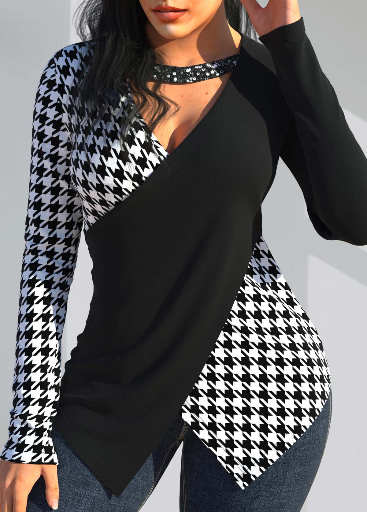 Black plus size,Houndstooth plus size,ROTITA Plus Size Sequin Houndstooth Print Black V Neck T Shirt