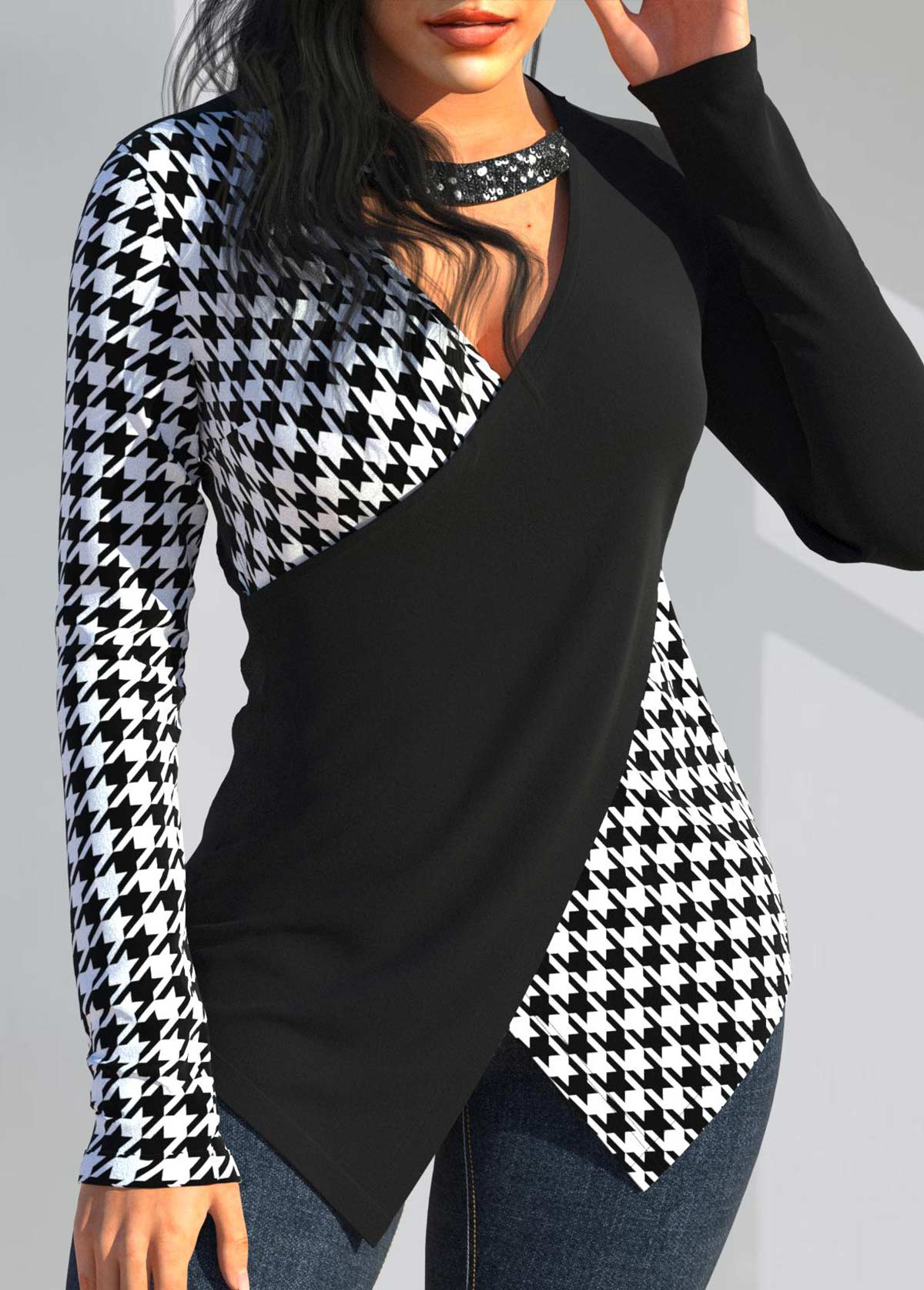 Black plus size,Houndstooth plus size,ROTITA Plus Size Sequin Houndstooth Print Black V Neck T Shirt
