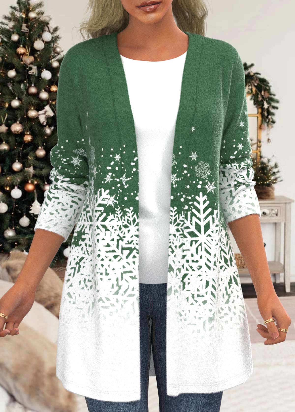 ROTITA Plus Size Long Sleeve Green Snowflake Print Cardigan