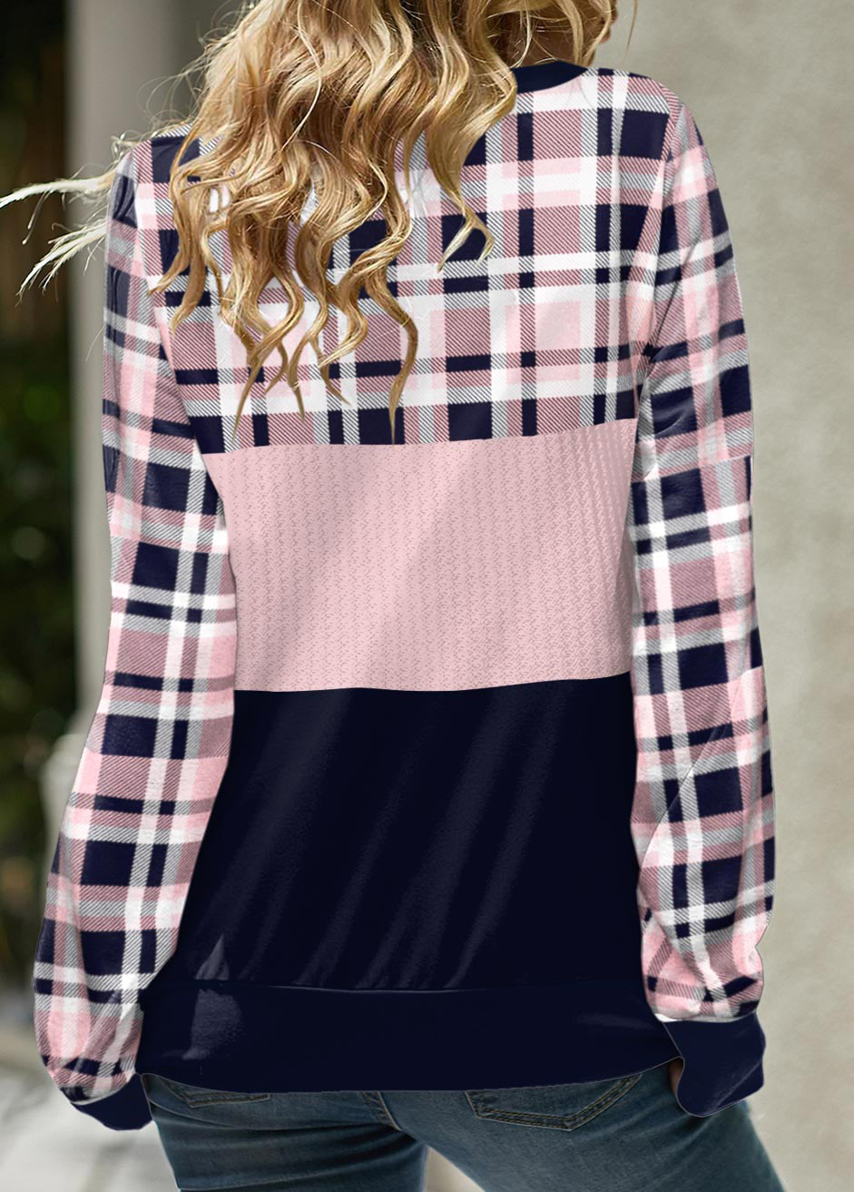 Light Pink tops,Plaid tops,ROTITA Lace Up Plaid Light Pink Long Sleeve Sweatshirt