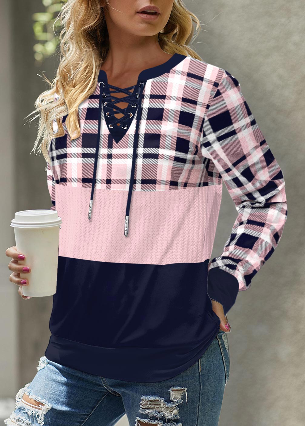 Light Pink tops,Plaid tops,ROTITA Lace Up Plaid Light Pink Long Sleeve Sweatshirt