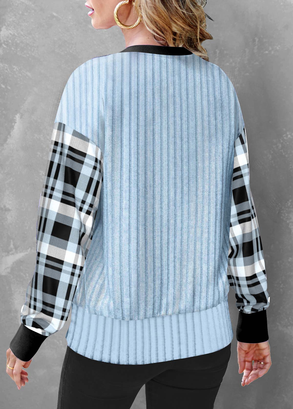Light Blue tops,Plaid tops,ROTITA Button Plaid Light Blue Round Neck Sweatshirt