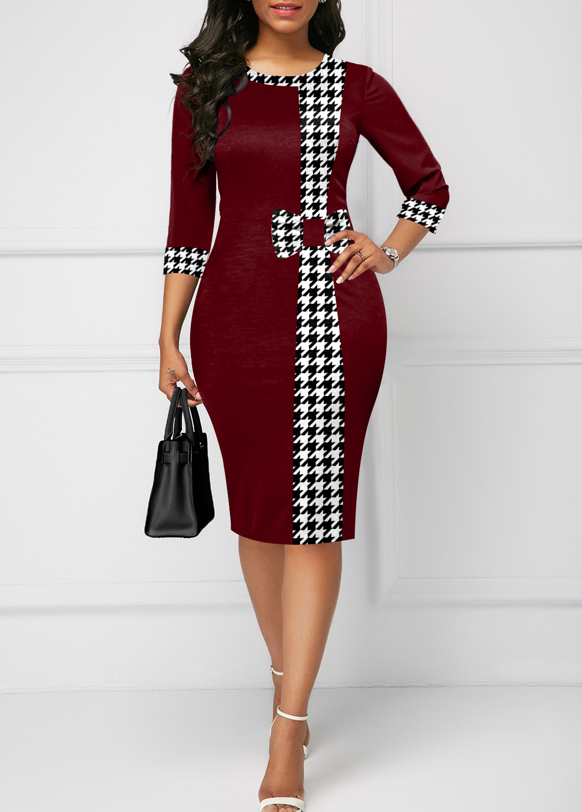 Deep Red dresses,Houndstooth dresses,ROTITA Bowknot Houndstooth Print Deep Red Bodycon Dress