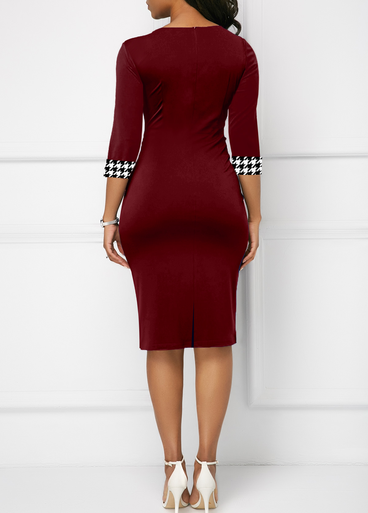 Deep Red dresses,Houndstooth dresses,ROTITA Bowknot Houndstooth Print Deep Red Bodycon Dress
