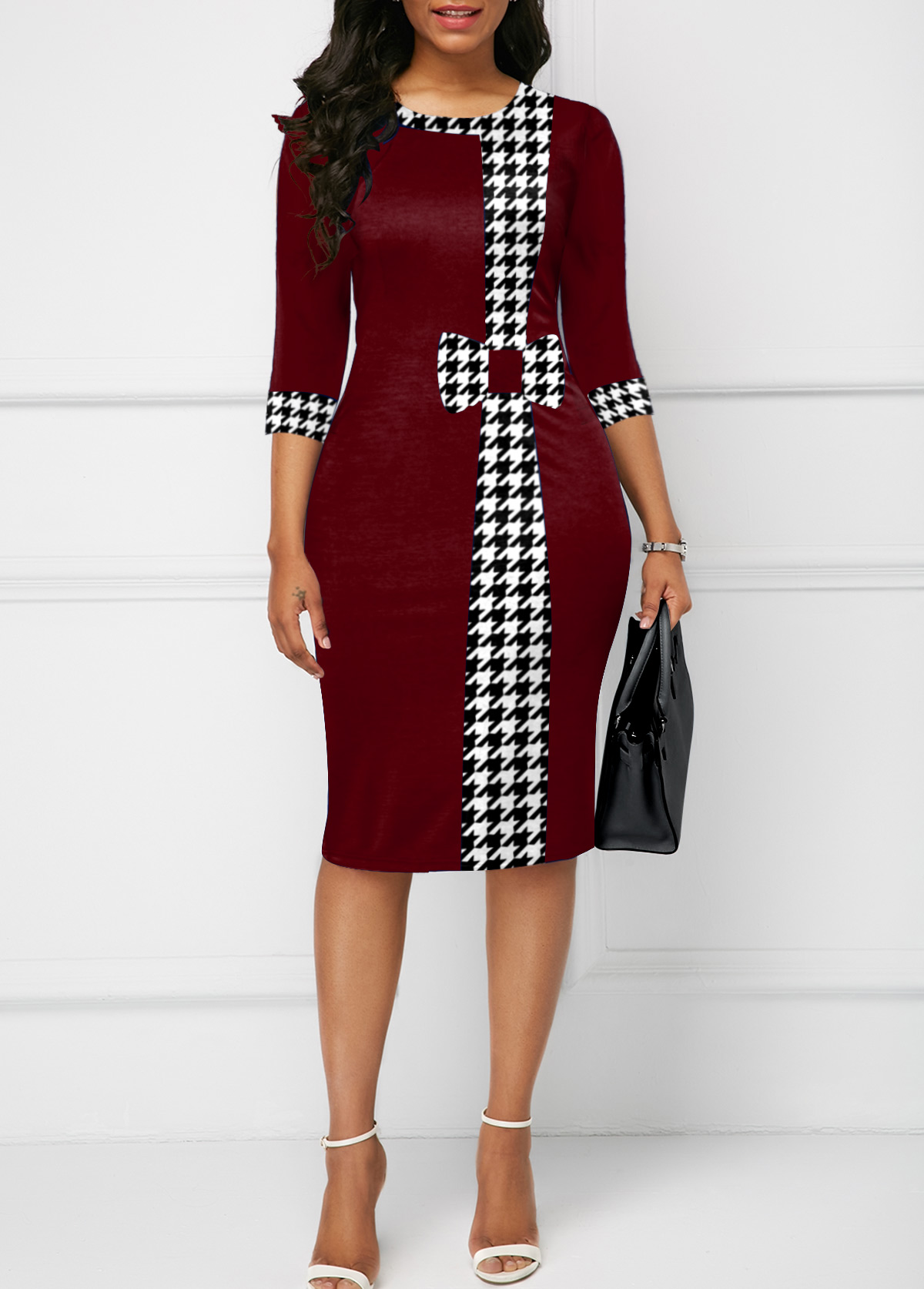 Deep Red dresses,Houndstooth dresses,ROTITA Bowknot Houndstooth Print Deep Red Bodycon Dress