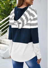 White tops,Striped tops,ROTITA Drawstring White Stripe Print Long Sleeve Hoodie