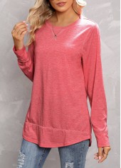 Peach Red tops,Plain Color tops,Peach Red Round Neck Long Sleeve T Shirt