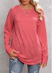 Peach Red tops,Plain Color tops,Peach Red Round Neck Long Sleeve T Shirt