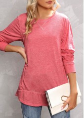 Peach Red tops,Plain Color tops,Peach Red Round Neck Long Sleeve T Shirt