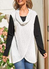 White tops,Contrast Color tops,ROTITA Fake 2in1 White Cowl Neck Long Sleeve Sweatshirt